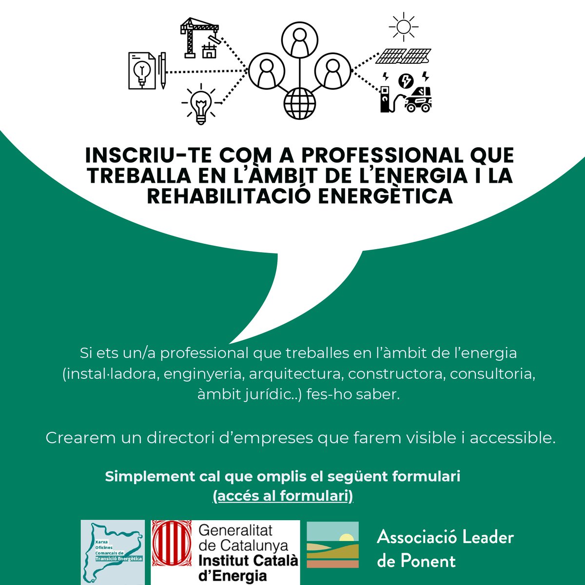 leaderponent's tweet photo. 📢 Si sou professionals que treballeu en l’àmbit de l’energia (instal·ladora, enginyeria, arquitectura, constructora, consultoria, àmbit jurídic..) feu-nos-ho saber! Les OCTES estan treballant en un directori d’empreses!  Aquí teniu el formulari: https://t.co/4d2rI4v12Y https://t.co/rRihAGM1e6