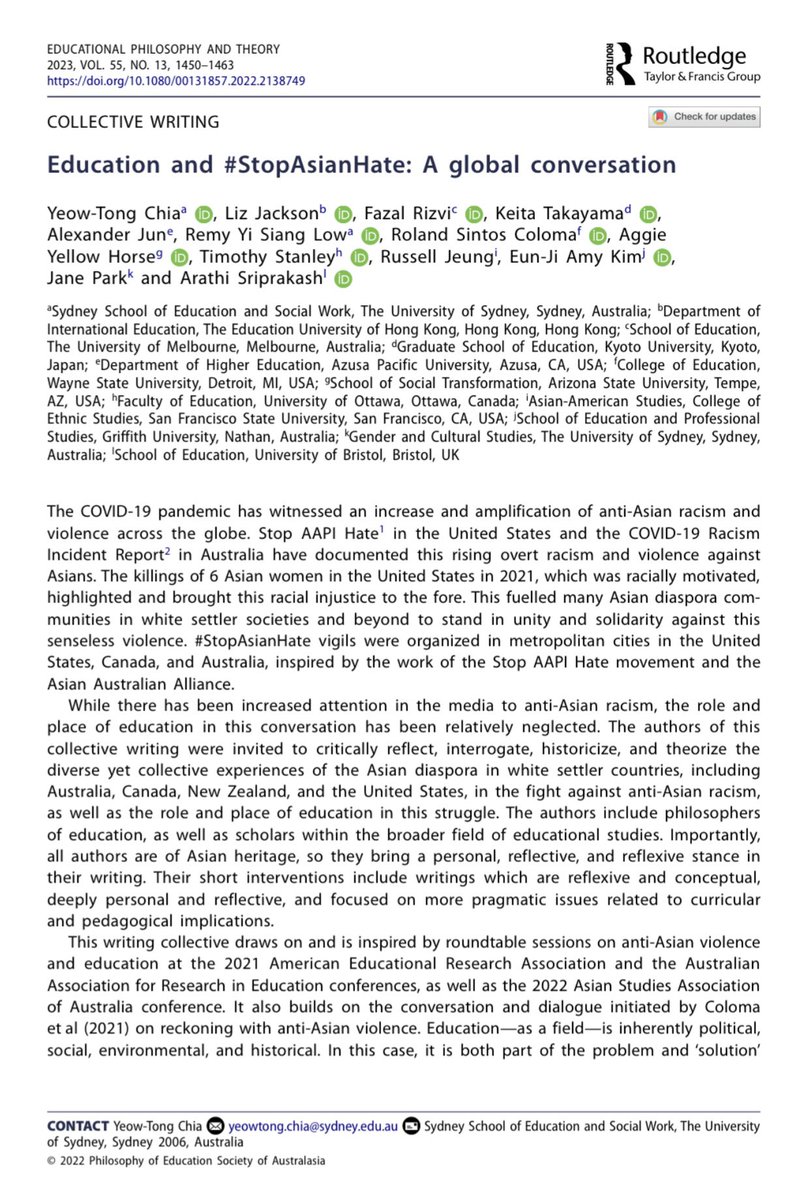 YeowTong's tweet photo. Our collective writing piece “Education and #StopAsianHate: A global conversation” @EpatJournal is officially out now! Many thanks to all the authors for their contribution. @USyd_SSESW @SydneyCoInEd @ArtsSS_Sydney https://t.co/1FleLllEjz https://t.co/SFKZnbb1I7