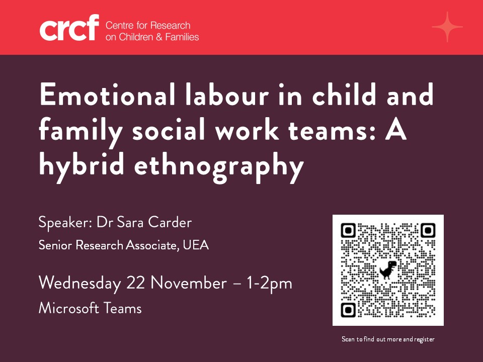 Our next seminar is on Wed 22 November at 1pm. @SaraCarder3 will talk about her research which draws on a hybrid ethnography of two child and family social work teams in England during the second wave of the Covid-19 pandemic Find out more and sign up: uea.ac.uk/groups-and-cen…