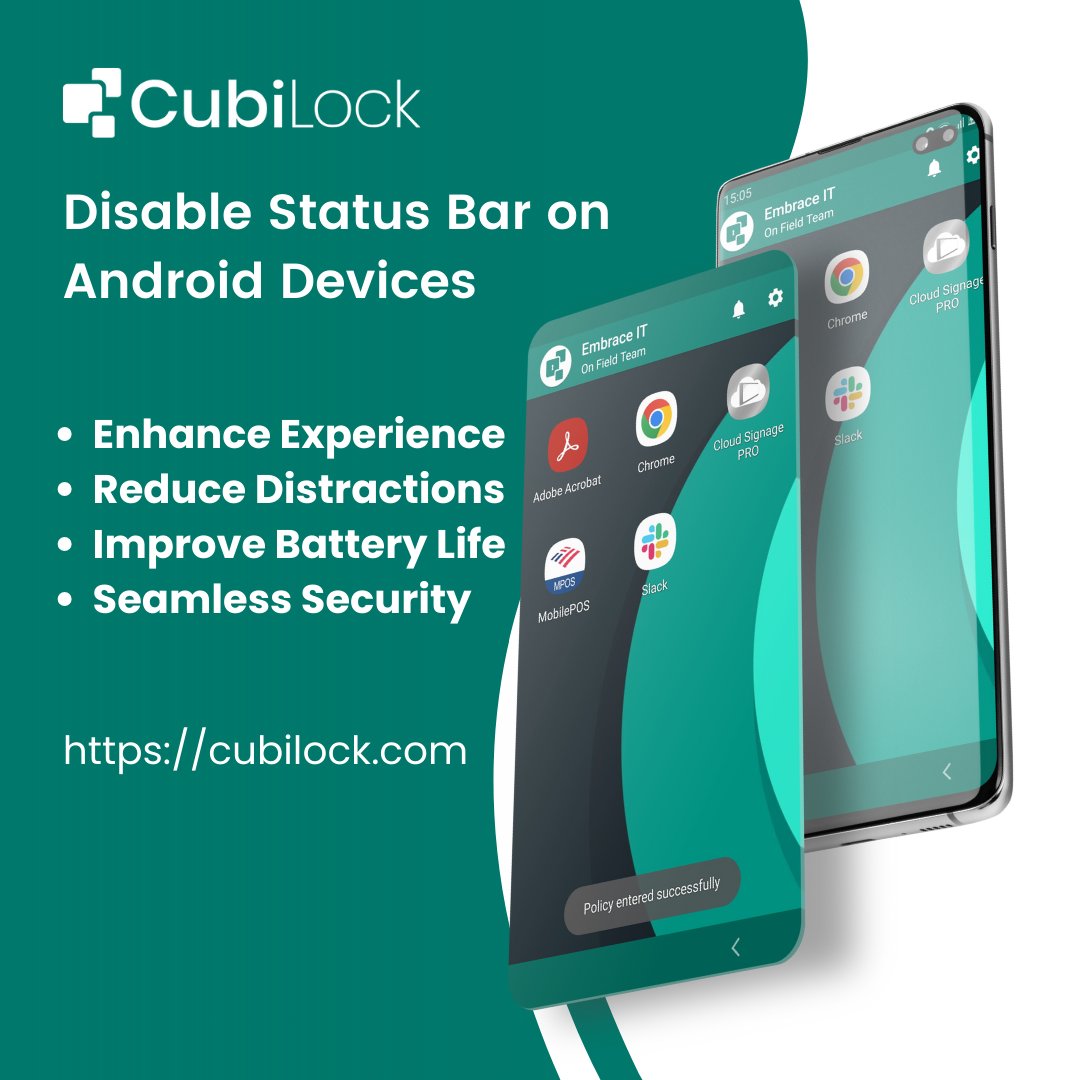 CubiLock's tweet image. Eliminate distractions by disabling the status bar.

With CubiLock, businesses can enhance user experience, enforce kiosk mode, improve device health, and ensure security.

blog.cubilock.com/how-to-hide-st…

#AndroidEnterprise #AndroidMDM #MobileDeviceManagement #CubiLock #EMM