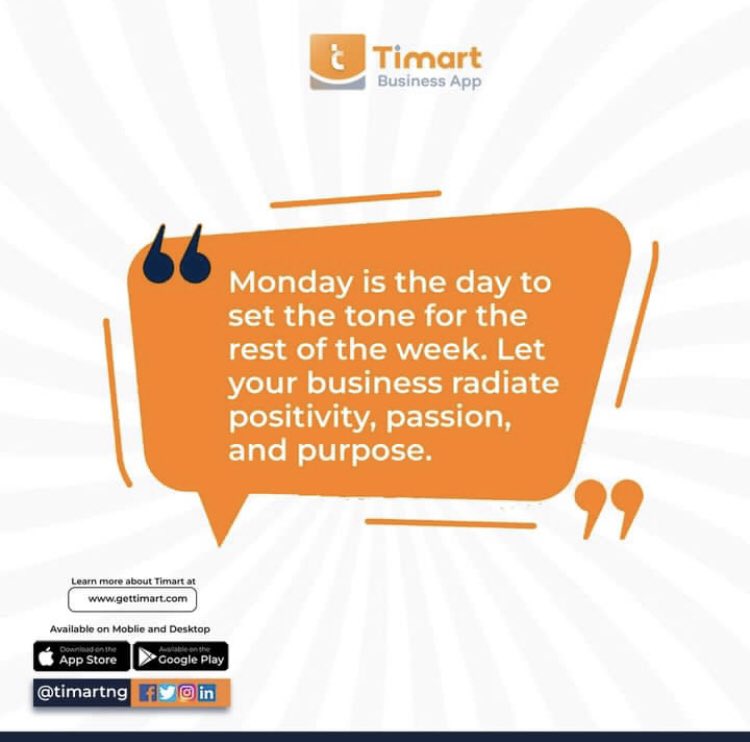 plainwhitte's tweet image. Start every week with Timart Business App and enjoy ease all week 💃🏿

#Business #Tech #Startup #SmallBusiness #SMEs #Enterpreneurship #BusinessSoftware #TechNews #BusinessManagement #RetailTech #Ecommerce #SaaS #Fintech #HospitalityTech #HealthTech #MarketingAutomation