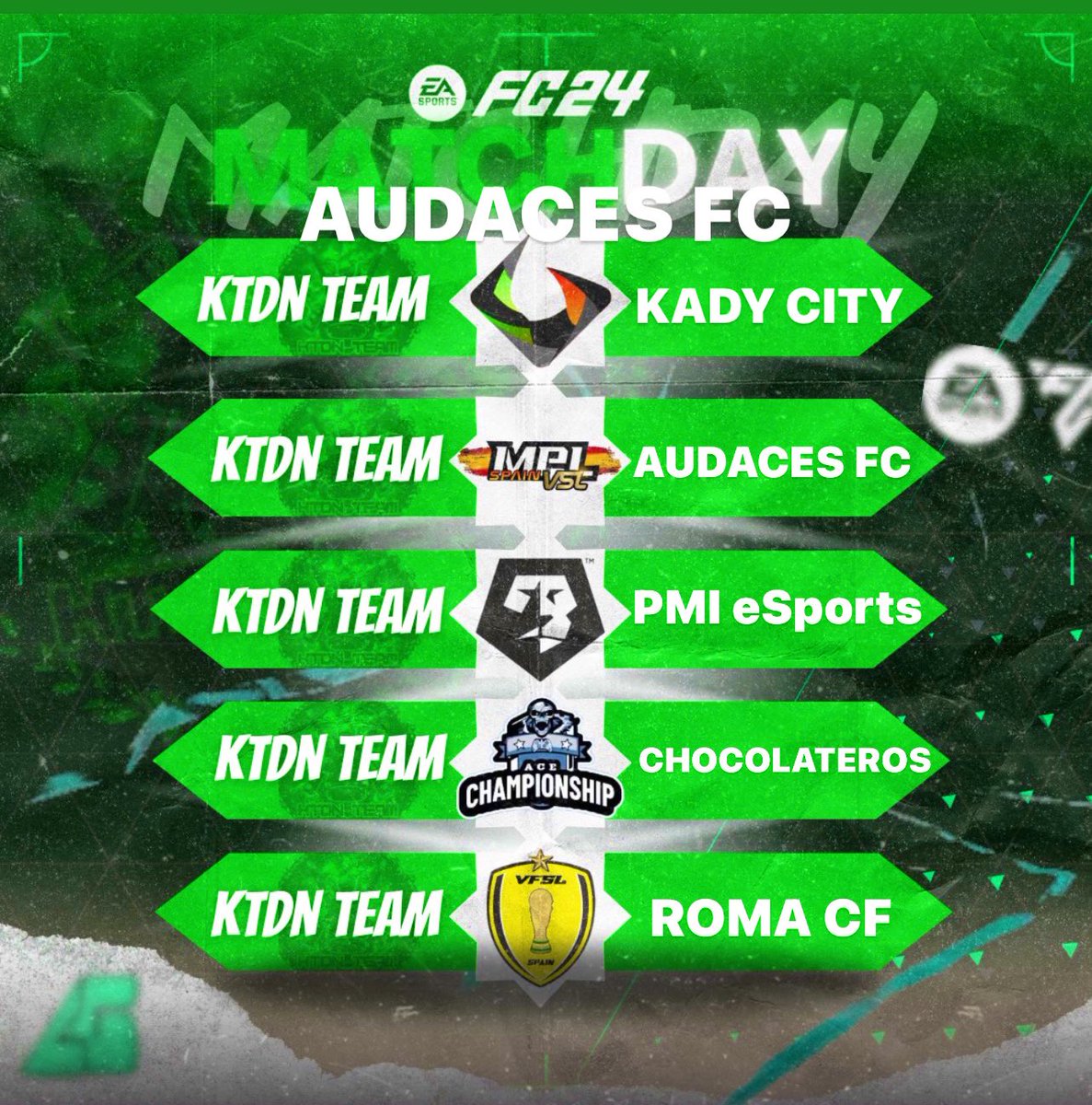 KTDN_TEAM's tweet photo. 💚NUESTRAS JORNADAS DE LIGA💚

🏆 @RGG_CPL_ESPANA
⏰ 22:20H
🆚 @KadyCity

🏆 @MPL_VSL_EAFC24 
⏰ 22:40H
🆚 #AudacesFC

🏆@VFOspain 
⏰ 23:00H
🆚 @PMI_eSports

🏆 @Ace_espanaa 
⏰ 23:20H
🆚@Chocolateros_FC

🏆@VFSL_spain
⏰23:40H
🆚@RomaCFeSports

💚#UNAVEZKTDNSIEMPREKTDN💚 https://t.co/c7zkzniBLr