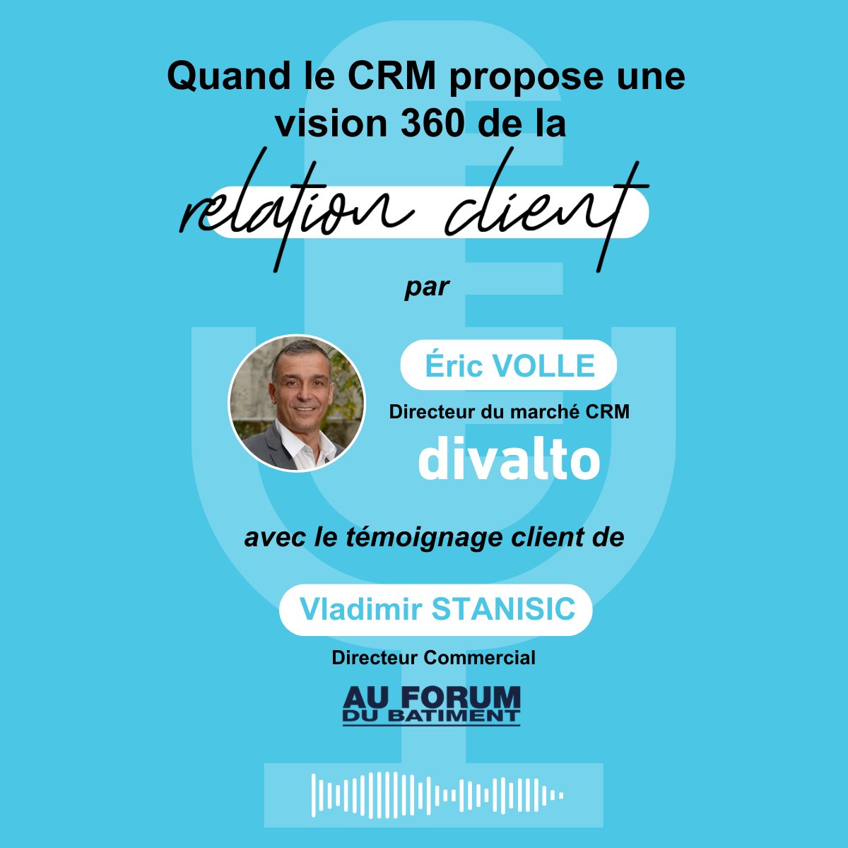 Quand le CRM propose une vision 360 de la relation client !
🎧 Découvrez dans ce podcast l'interview d'Eric Volle, Directeur Marché CRM, et de notre client Vladimir Stanisic, Au Forum du Bâtiment, qui a fait appel à divalto weavy. 💬
➡️divalto.com/podcast-quand-…

#divaltoweavy #CRM