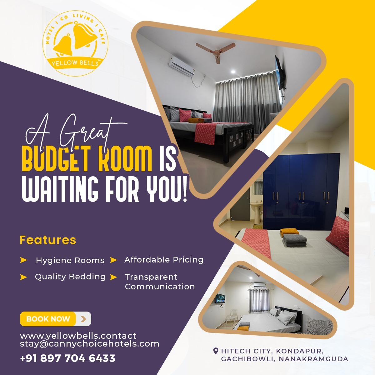 Book your Budget Living experience today! with Yellow Bells.

Call us at: +91 89770 46433
Book Now: yellowbells.contact/index.html

#YellowBellsHotels
#BudgetHotelsInHyderabad #HomestayInHyderabad #HotelsInMadhapur #HotelsInMiyapur