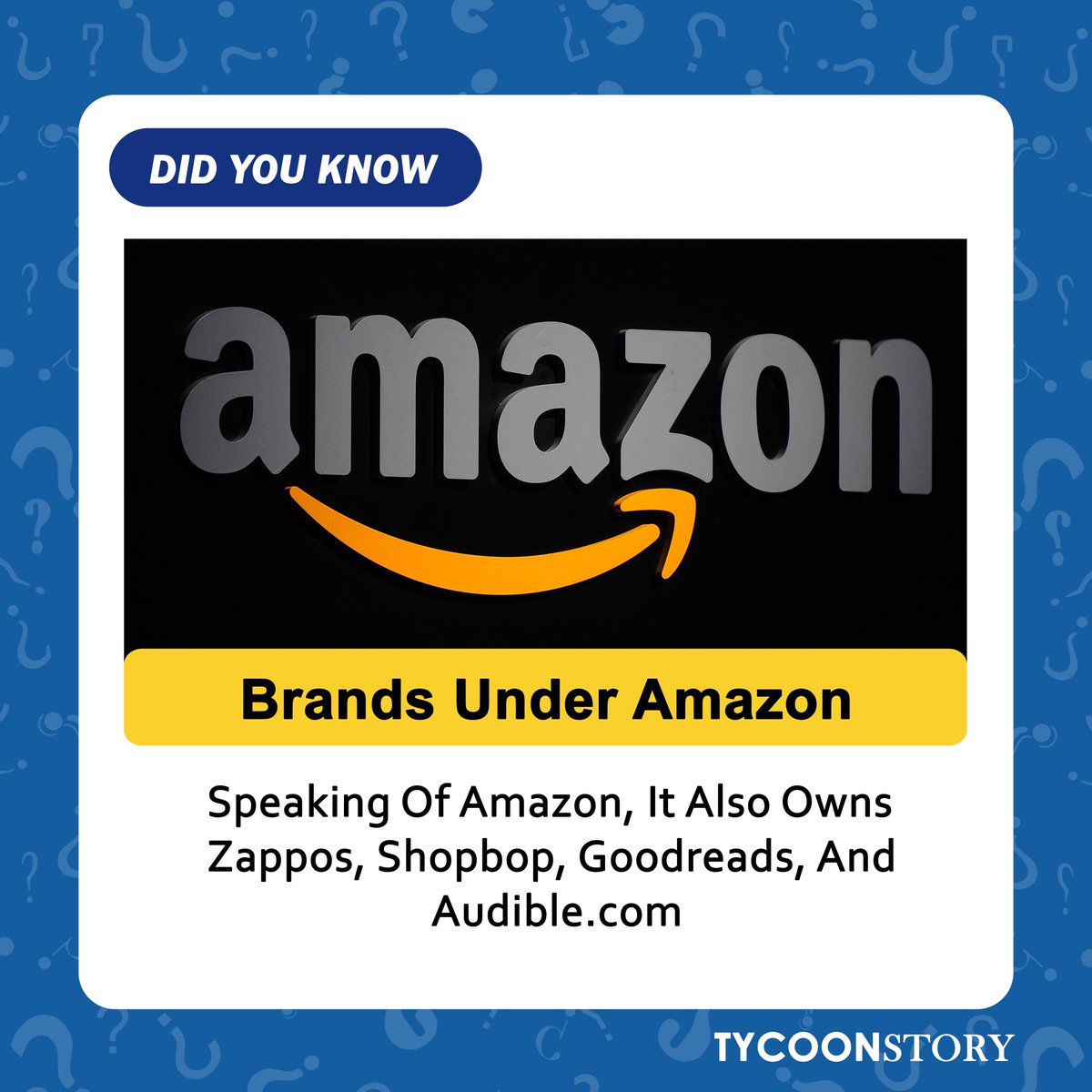 TycoonStoryCo's tweet photo. #DidYouKnow

#AmazonExpansion #ECommerceLeader #MarketDiversification #AcquisitionsSuccess #Zappos #Shopbop #Goodreads #Audible #BusinessExpansion #retailinnovation #technology #ecommerce #business #acquisition https://t.co/mWwP5V52DS