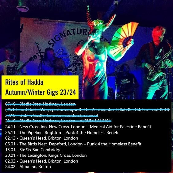 Rites_of_Hadda's tweet photo. Here's an updated Autumn / Winter Gig list with Friday's benefit for @medicalaidpal at @newcrossinn added.
🙌👌😍
#livemusic #bands #gigs #liveband #psychedelic #witchpunk #punk #band #anarchopunk #queerpunk #punkgig #punkgigs #giglife #giglist #tour #touring #touringband https://t.co/BxNGdquTLS