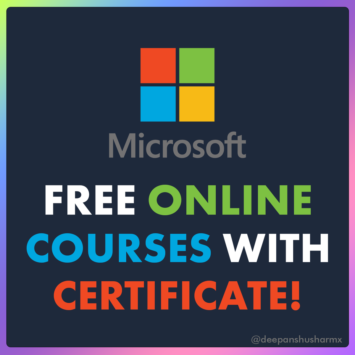 deepanshusharmx's tweet photo. FREE online courses with certification by Microsoft.

No Payment Required!

Explore these 15 FREE Microsoft courses to enhance your skills before 2024 ⬇️

(Don't miss out – bookmark now🔖)

1. Python for beginners

→ Module: 13
→ Time: 5 hr 55 min
→ Level: Beginner

Link: https://t.co/0IWVs0a9tS

2. Introduction to Generative AI

→ Module: 3
→ Time: 2 hr 33 min
→ Level: Beginner

Link: https://t.co/gU01Ux2st8

3. Web Development for Beginners

→ Module: 6
→ Time: 1 hr 49 min
→ Level: Beginner

Link: https://t.co/2UnB6qmUHk

4. Introduction to version control with Git

→ Module: 4
→ Time: 2 hr 41 min
→ Level: Beginner

Link: https://t.co/ARVbOTXnR3

5. Build web pages with HTML and CSS for beginners

→ Module: 3
→ Time: 1 hr 21 min
→ Level: Beginner

Link: https://t.co/gMYK0phJHW

6. Use Python basics to solve mysteries and find answers

→ Module: 3
→ Time: 1 hr 56 min
→ Level: Beginner

Link: https://t.co/vUKLBMr1rU

7. Build real world applications with Python

→ Module: 4
→ Time: 2 hr 38 min
→ Level: Beginner

Link: https://t.co/yotMSm6BMd

8. Understand data science for machine learning

→ Module: 9
→ Time: 7 hr 25 min
→ Level: Beginner

Link: https://t.co/qySAwlF75N

9. Get started with Power BI

→ Module: 3
→ Time: 2 hr 37 min
→ Level: Beginner

Link: https://t.co/kwD5Sxtxuu

10. Get started with finance and operations apps

→ Module: 9
→ Time: 11 hr 49 min
→ Level: Beginner

Link: https://t.co/CgZwdnJZa0

11. Microsoft Azure AI Fundamentals: Get started with artificial intelligence

→ Module: 2
→ Time: 1 hr 37 min
→ Level: Beginner

Link: https://t.co/XRLVqOYHCm

12. Azure for the Data Engineer

→ Module: 3
→ Time: 1 hr 51 min
→ Level: Beginner

Link: https://t.co/NjfRR4B400

13. Deploy a website with Azure virtual machines

→ Module: 5
→ Time: 4 hr 44 min
→ Level: Beginner

Link: https://t.co/H9wTSUOzqH

14. Collaborate with others with Markdown and GitHub Pages

→ Module: 3
→ Time: 3 hr 30 min
→ Level: Beginner

Link: https://t.co/imBkEA6rp2

15. Microsoft Security, Compliance, and Identity Fundamentals: Describe the concepts of security, compliance, and identity

→ Module: 2
→ Time: 45 min
→ Level: Beginner

Link: https://t.co/YHpyNGuEVG