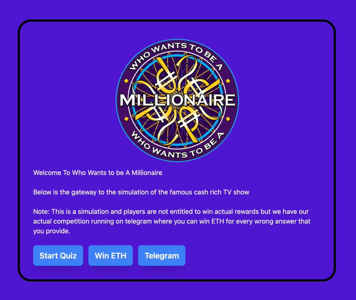wwtbamerc's tweet photo. Who wants to be a millionaire? 

Launch coming soon. 

Live game show with ETH prizes 🏤 

https://t.co/L4owi3yjrc

https://t.co/X9w1A8V9CL https://t.co/lB0m2GcUFb