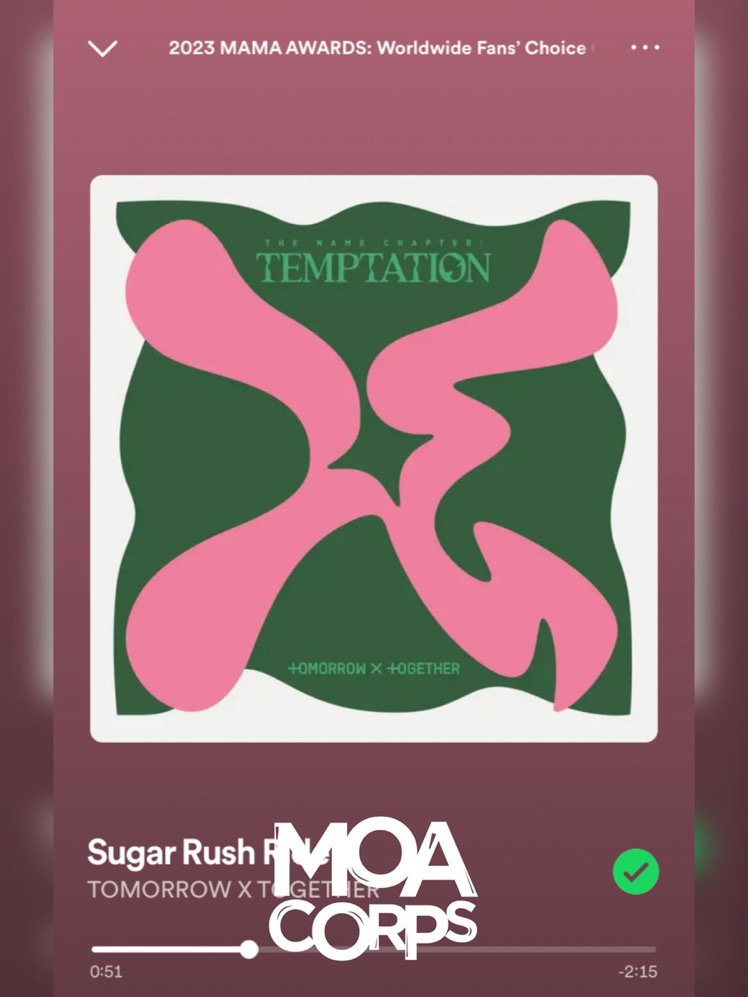 MOACorps's tweet image. 📢M△M△ SP◯TIFY V◯TE

🚨Last 4 hours🚨

Drop your ss of you streaming #SugarRushRide from the M△M△ SP PL!
➙ 1 stream max/ acc
➙ 30s counts as a vote

🔗open.spotify.com/playlist/37i9d…

Don’t forget our tags!

TWERK NO BRAKES
#MOARushRide #MOAisONE
#TOMORROW_X_TOGETHER
