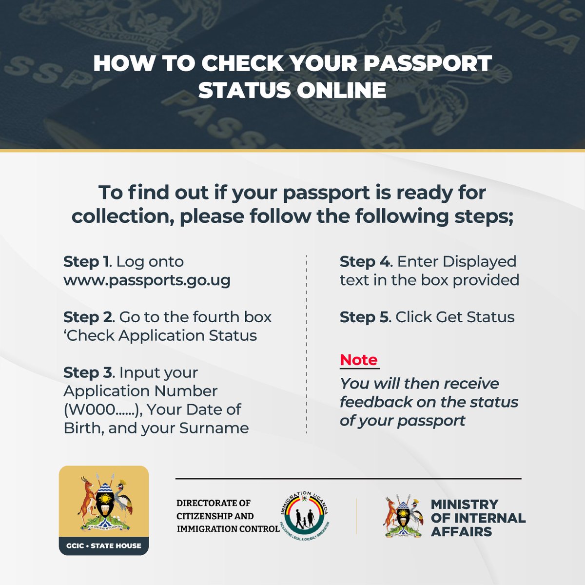 This is how a Passport applicant can 𝐞𝐚𝐬𝐢𝐥𝐲 𝐂𝐇𝐄𝐂𝐊/𝐅𝐈𝐍𝐃 𝐎𝐔𝐓 𝐓𝐇𝐄𝐈𝐑 𝐏𝐀𝐒𝐒𝐏𝐎𝐑𝐓 𝐒𝐓𝐀𝐓𝐔𝐒 𝐎𝐍𝐋𝐈𝐍𝐄 𝐅𝐑𝐎𝐌 passports.go.ug ; And know if it is ready for collection or deferred without having to go to a Passport office
