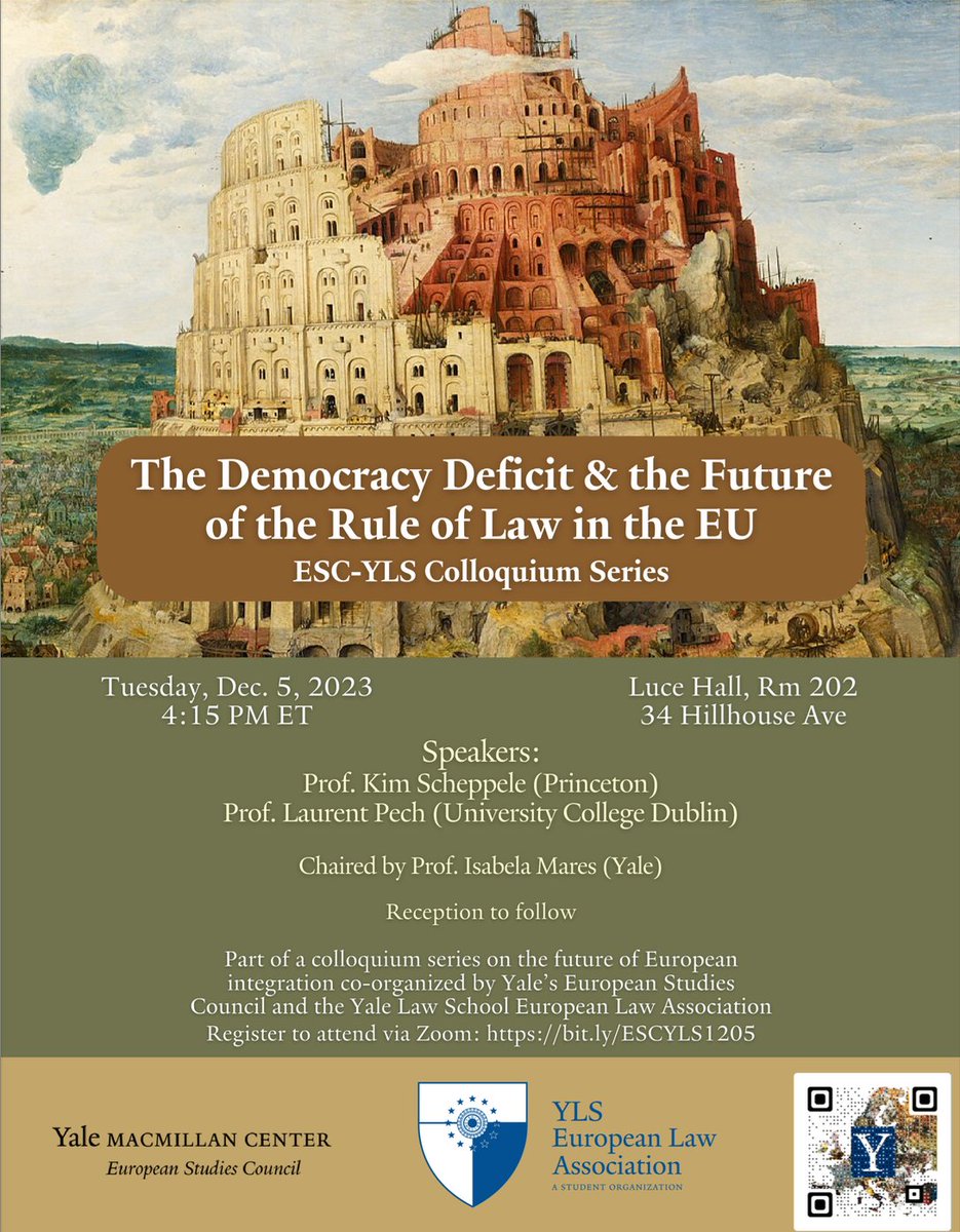YLS European Law Association (@ela_yls) on Twitter photo Coming soon with the wonderful <a href="/KimLaneLaw/">Kim Lane Scheppele</a>, <a href="/ProfPech/">Laurent Pech 🇺🇦</a> & <a href="/isabelaanda/">Isabela Mares</a> :
The Democracy Deficit & the Future of the RoL in the EU
📌 5/12 4.15 ET (in person & online)
👉Information and registration:
europeanstudies.macmillan.yale.edu/event/esc-yls-…
<a href="/YaleLawSch/">Yale Law School</a> <a href="/European_Yale/">Yale European Studies Council</a> <a href="/YaleMacMillan/">Yale MacMillan Center</a>
<a href="/samuelmoyn/">Samuel Moyn 🔭</a> Coming soon with the wonderful <a href="/KimLaneLaw/">Kim Lane Scheppele</a>, <a href="/ProfPech/">Laurent Pech 🇺🇦</a> & <a href="/isabelaanda/">Isabela Mares</a> :
The Democracy Deficit & the Future of the RoL in the EU
📌 5/12 4.15 ET (in person & online)
👉Information and registration:
europeanstudies.macmillan.yale.edu/event/esc-yls-…
<a href="/YaleLawSch/">Yale Law School</a> <a href="/European_Yale/">Yale European Studies Council</a> <a href="/YaleMacMillan/">Yale MacMillan Center</a>
<a href="/samuelmoyn/">Samuel Moyn 🔭</a>
