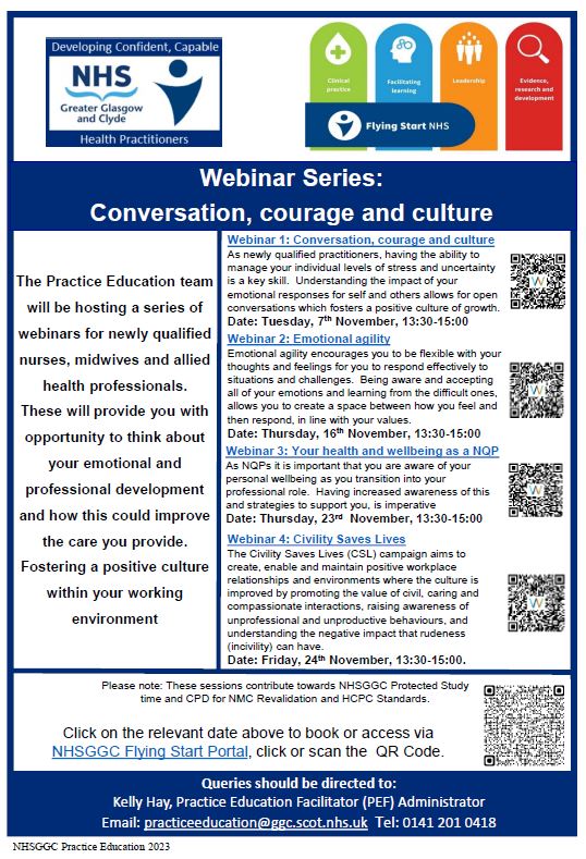 Are you an NQP?  The Practice Education Team are continuing to run a series of webinars to support you in your new role and your #flyingstart journey.  To book please use the QR code in the flyer below or via our Flying Start Portal nhsggc.scot/staff-recruitm……
<a href="/NHSGGC/">NHS Greater Glasgow and Clyde</a>
<a href="/NESnmahp/">NESnmahp</a>