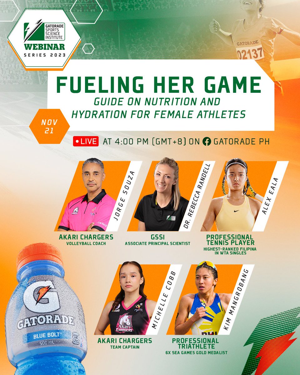 Join our session on nutrition and hydration, tailored for women in sports. 🏆 #GatoradeFuelsYouForward #GSSIWebinarSeries Fuel your game and watch live on Facebook! 🔗 fb.me/e/1JQ5aXs6C