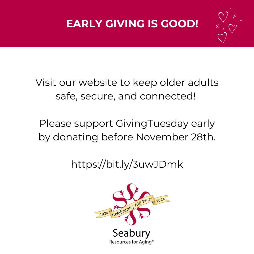 We are excited to launch our early giving campaign today. We hope to raise $8,000 for GivingTuesday. Please help us feed, house, and support older adults in the DMV region! 

Give today: bit.ly/3uwJDmk

#igaveearly #SeaburyCares #GivingTuesday! #GivingEarlyisGood