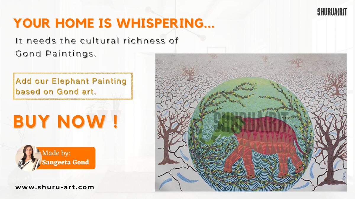 SHURUART's tweet photo. Don’t let your walls miss out the cultural richness of our Gond Elephant painting.
Title: Elephant - Then and Now
Medium: Acrylic on Canvas
Size: 1.5 x 2 Feet

Buy now!
Visit https://t.co/nkfhRCecCN

#elephant #home #homedecor #walls #whispering #listentoyourwalls #gondart https://t.co/URBuEnOfwa