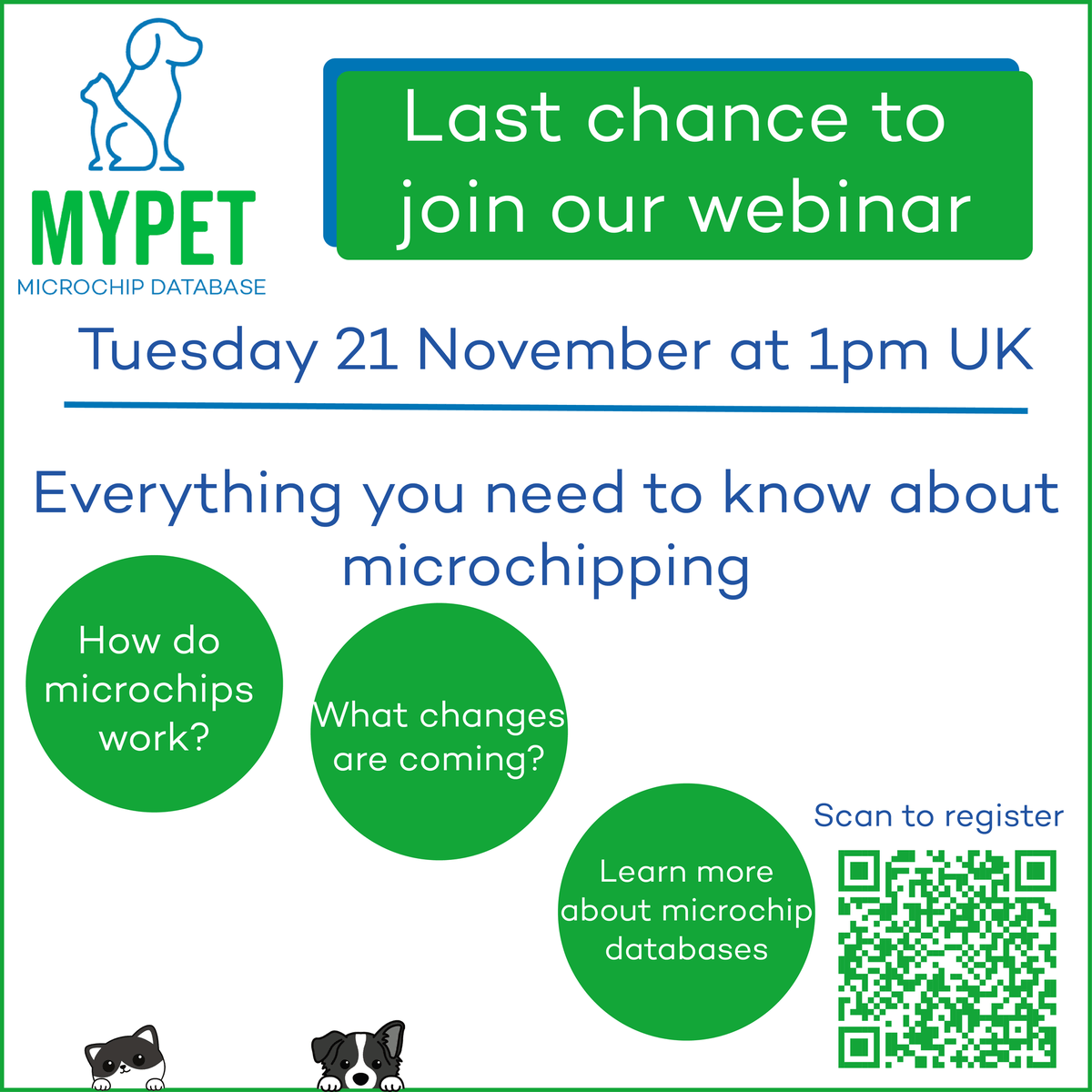 MyPet_hq's tweet photo. Join our webinar to learn all about:

✅ How microchips work?
✅ How do microchip databases work in the UK?
✅ What changes are coming to microchipping!

Register here: 
https://t.co/JyVxtANulC

#microchips #microchipdatabase https://t.co/So9B3t2DCz