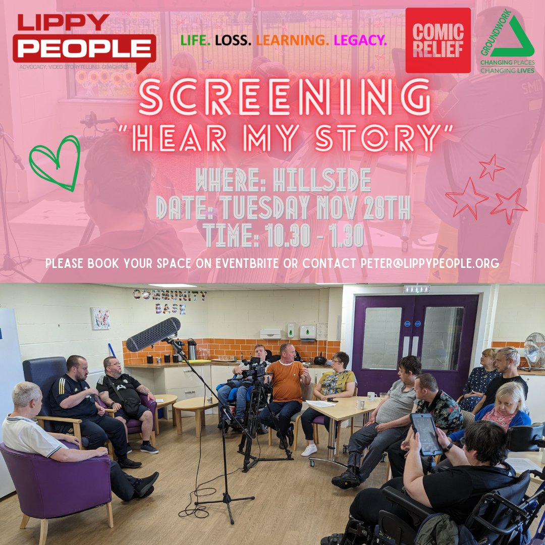 A reminder of our screening next week at Hillside. Come and hear some incredible stories about #bereavement from learning disabled adults in #Leeds. Please use this link bit.ly/49v0pCG to book a place or email peter@lippypeople.org