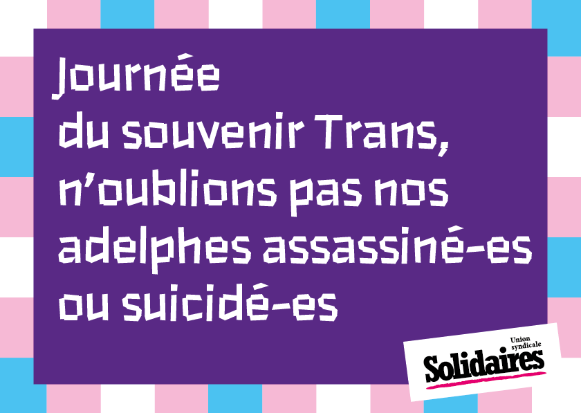 UnionSolidaires's tweet photo. 🏳️‍⚧️Journée du souvenir trans🏳️‍⚧️
Le 20 novembre, la communauté trans commémore ses adelphes assassiné·es et suicidé·es à l’occasion de la journée du souvenir trans, déclinaison française du Trans Day of Remembrance (TDoR).
#TDOR #TDoR2023 https://t.co/TcLeCHiYuL