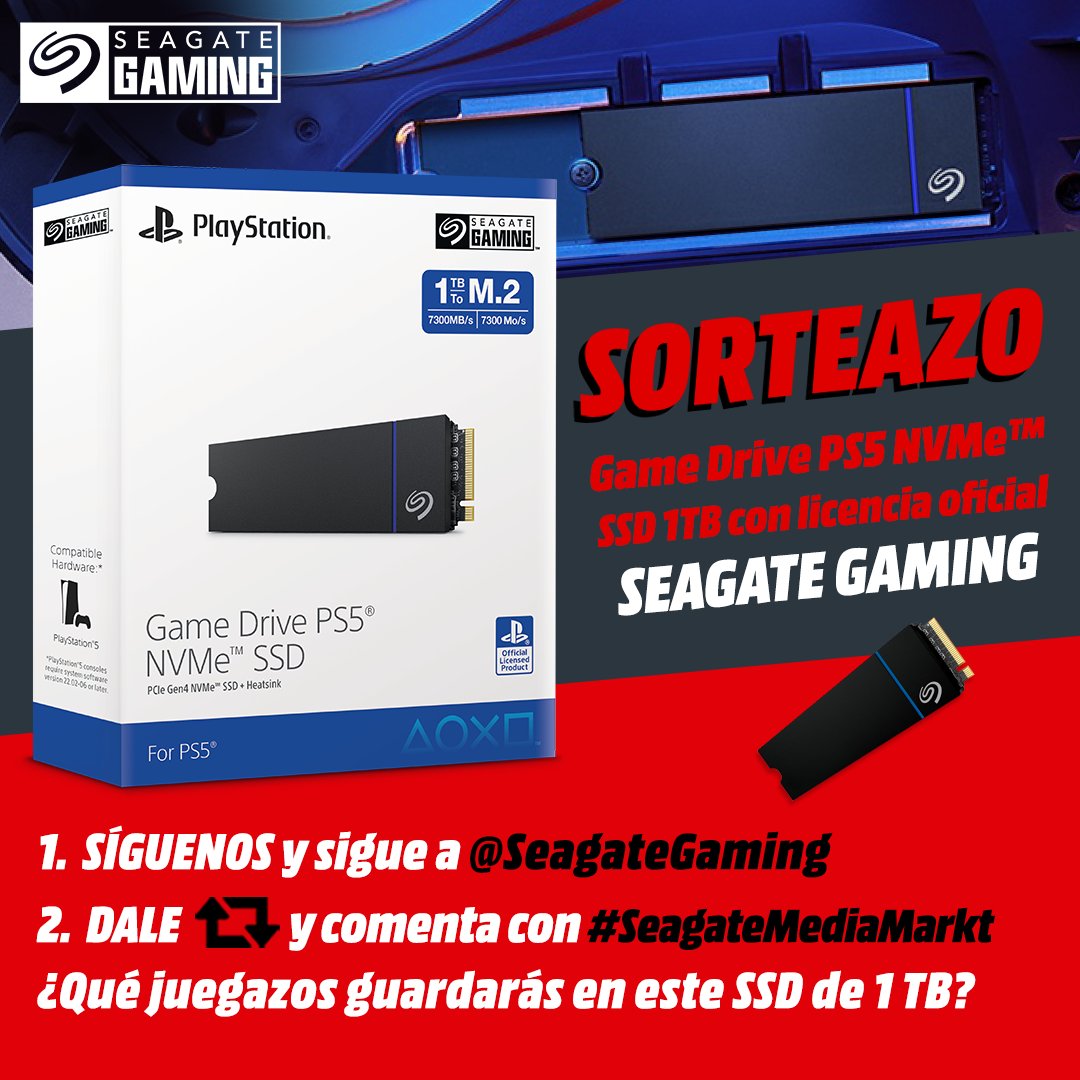 𝗦𝗢𝗥𝗧𝗘𝗔𝗭𝗢👾🎮 ¿Quieres darle más memoria a tu PS5? 🤩 Este es tu #sorteo ‼️ 

1⃣ Síguenos y a <a href="/seagategaming/">Seagate Gaming</a> 
2⃣ Dale RT y comenta con #SeagateMediaMarkt ¿Qué juegazos guardarás? ⁉️

¿Quieres memoria? 👉 bit.ly/SeagateGameDri…
⚡️Hasta el 26/11