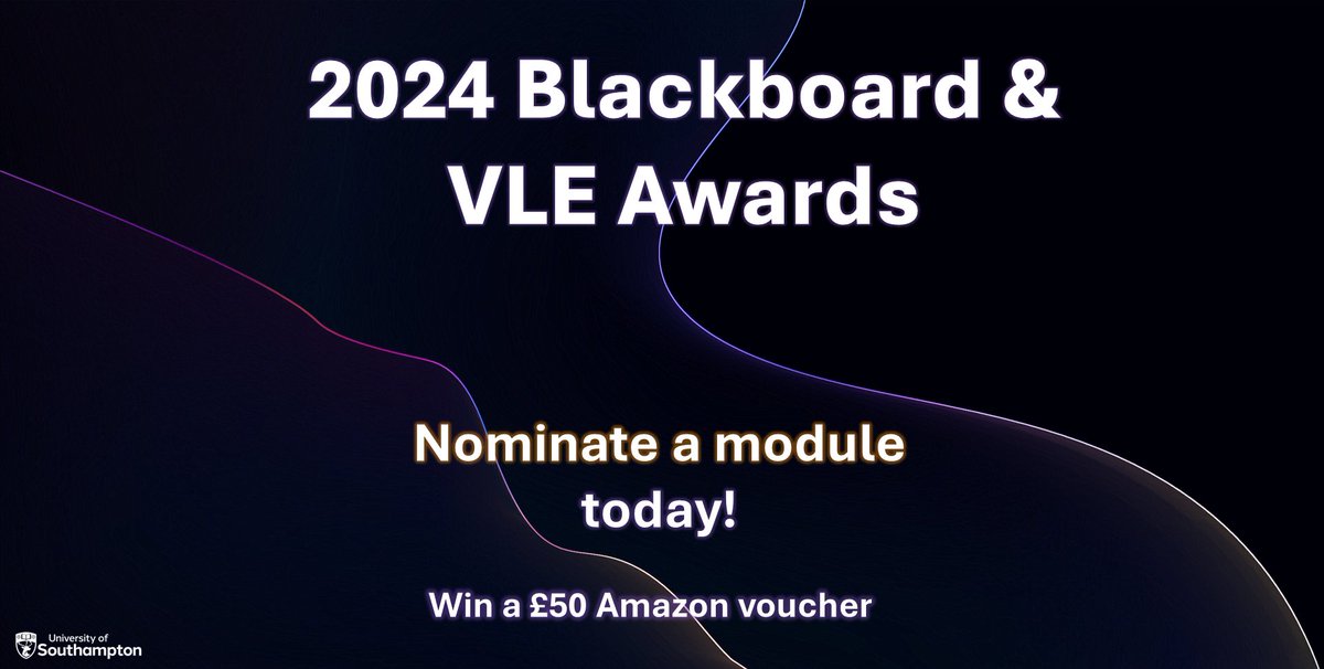 Digital Learning (@learnsoton) on Twitter photo 📢Calling all <a href="/unisouthampton/">University of Southampton</a>
students, the 2024 Blackboard and VLE Awards are open! 🔗 go.soton.ac.uk/vleawards 🔗
Why nominate a module?
1⃣ Shape module design for the future.
2⃣ Provide anonymous feedback to the module team.
3⃣ Chance to win a £50 Amazon voucher! 📢Calling all <a href="/unisouthampton/">University of Southampton</a>
students, the 2024 Blackboard and VLE Awards are open! 🔗 go.soton.ac.uk/vleawards 🔗
Why nominate a module?
1⃣ Shape module design for the future.
2⃣ Provide anonymous feedback to the module team.
3⃣ Chance to win a £50 Amazon voucher!