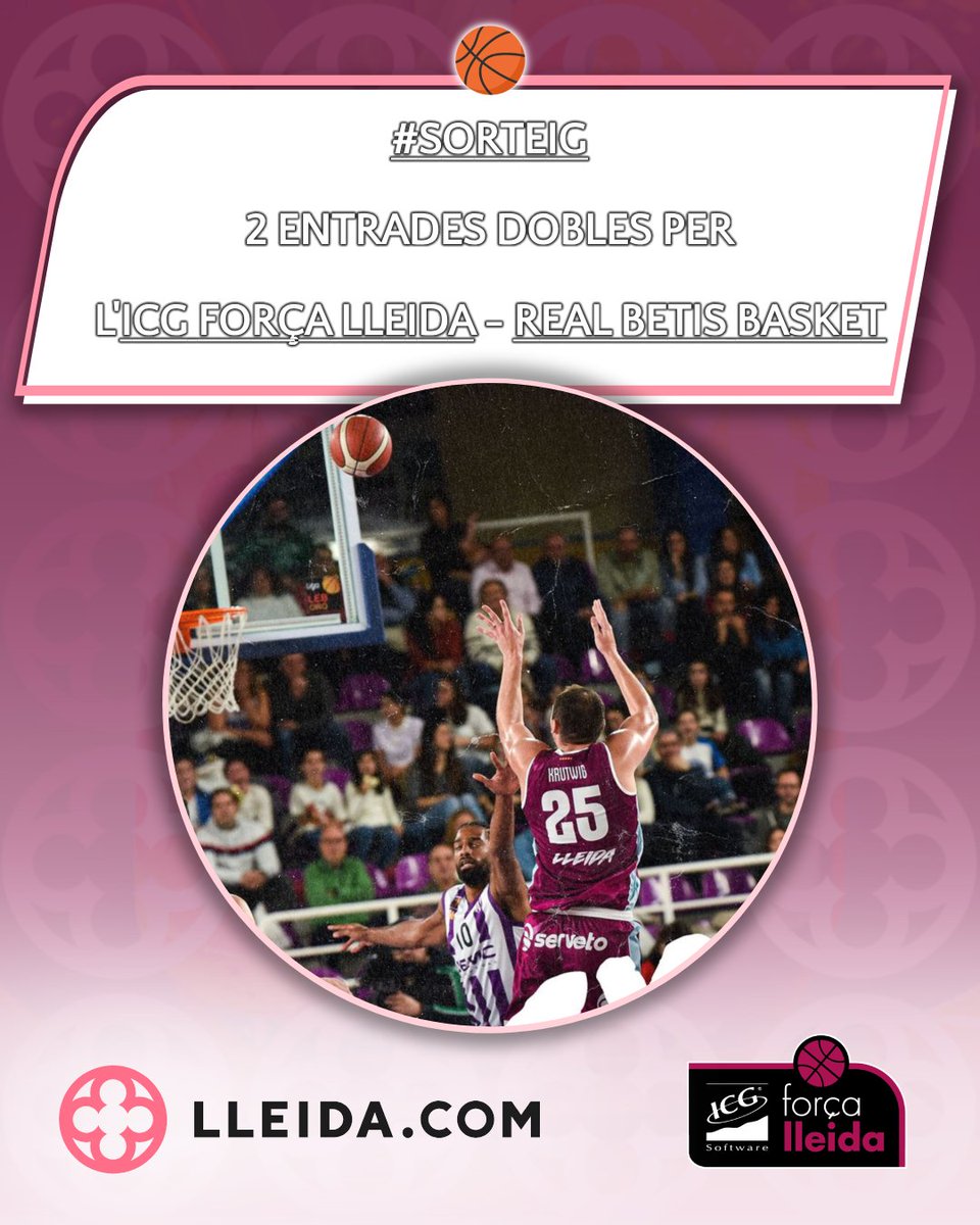 🏀 #SORTEIG | Regalem 2 ENTRADES DOBLES pel #ForçaLleida 🆚 Real Betis Basket! ⬇️
1️⃣Like❤️+RT🔃
2️⃣Menciona/comenta amb qui hi aniries
3️⃣Segueix <a href="/Lleidacom_ag/">LLEIDA.COM Agenda</a>, <a href="/lleidacom/">LLEIDA.COM</a> i <a href="/flleida/">HIOPOS LLEIDA</a>

🍀Tancament dijous 23/11 (11h)
🔗Més info i bases: lleida.com/concurs/sortei…