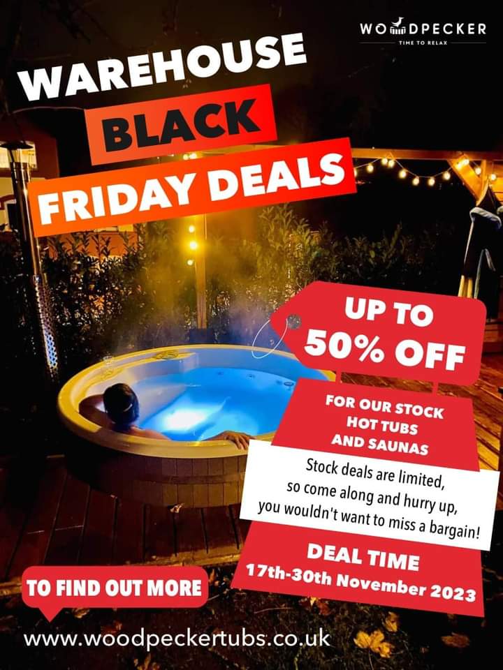 WAREHOUSE BLACK FRIDAY DEALS! UP TO 50% OFF for Woodpecker hot tubs and saunas! Stock deals are limited, so come along and hurry up; you wouldn't want to miss a bargain!
DEAL TIME: 17th-30th Nov 2023
To find out more about our products, visit our website: woodpeckertubs.co.uk