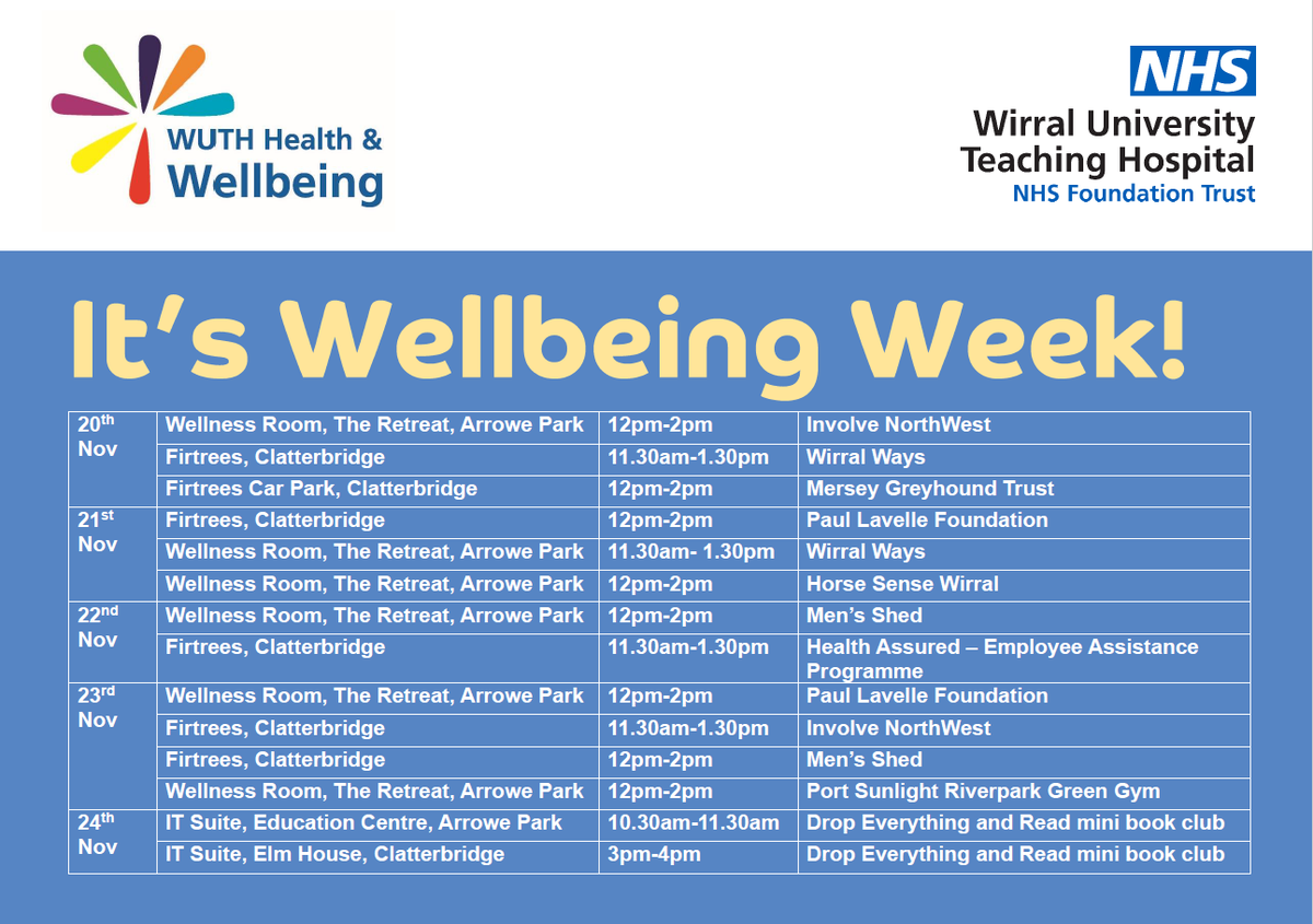 💜💜Our Occupational Health Team are holding Wellbeing surgeries for staff this week in The Retreat and Fir Trees. There's no need to book, just come along! We look forward to seeing you there.💜💜