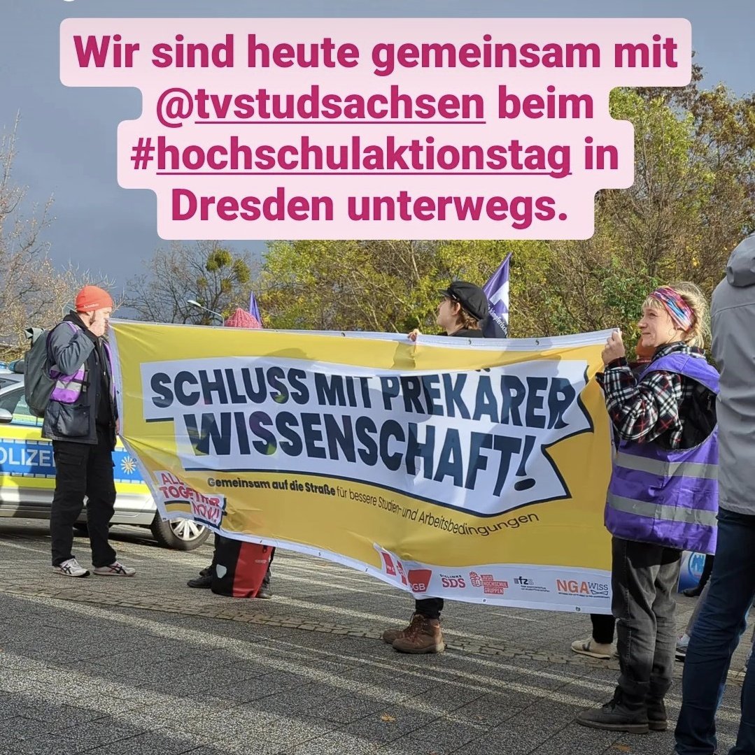 Aktuell läuft der #hochschulaktionstag von Gewerkschaften und <a href="/TVStud_bund/">TVStud</a> auch an der <a href="/tudresden_de/">TU Dresden</a>.
Gemeinsam für einen studentischen Tarifvertrag, bessere Studien- und Arbeitsbedingungen!💪

^vm
