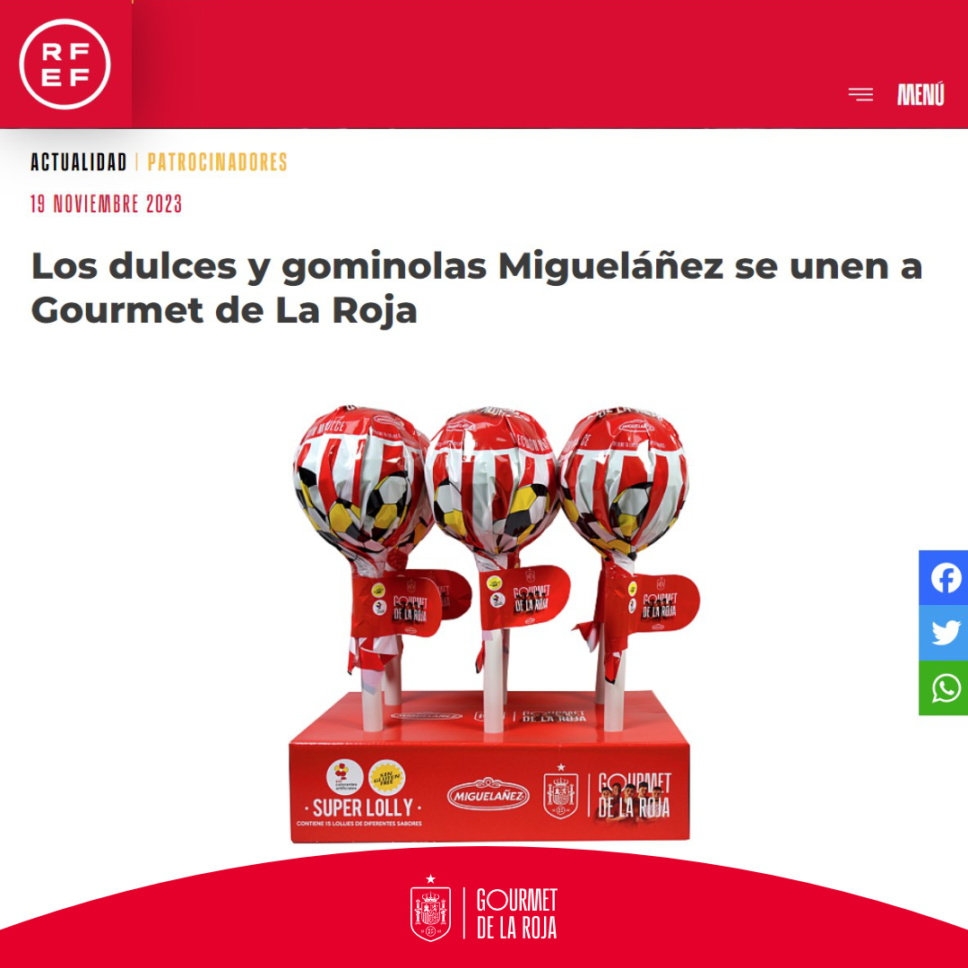 Los dulces y gominolas <a href="/miguelanez/">Miguelañez</a> se unen a
<a href="/gourmet_roja/">El Gourmet de la Roja</a>.  Una edición limitada de productos para los más jóvenes sirve para conmemorar el inicio de esta colaboración. Leer noticia completa en la web <a href="/rfef/">RFEF</a>
rfef.es/.../los-dulces……...