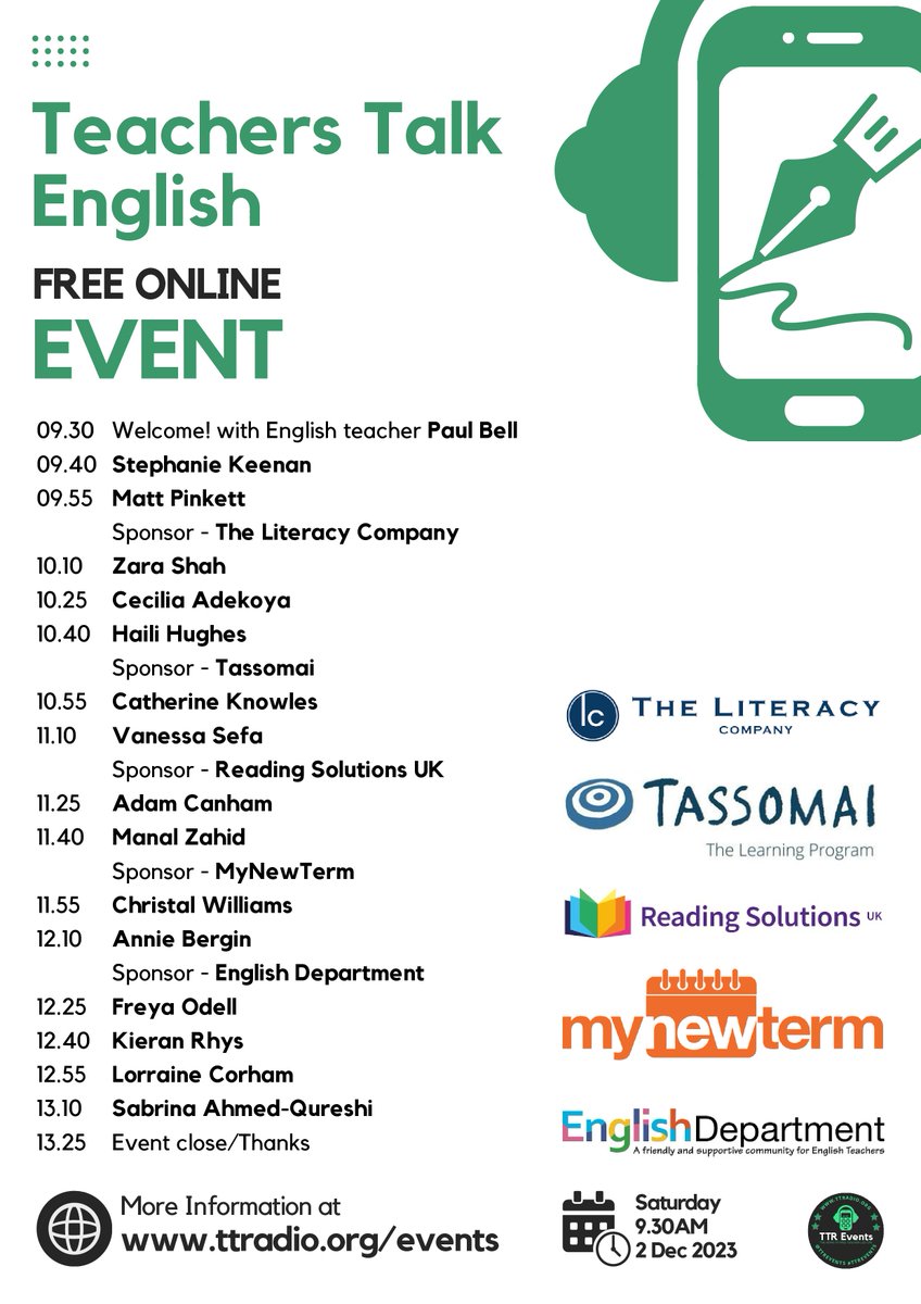 TTREnglish's tweet image. The running order! Join us for a morning of top-class CPD from a range of brilliant contributors streamyard.com/watch/6NEyXVfq… sponsored by @TheLCUK @Tassomai @ReadSolutionsUK @mynewterm
