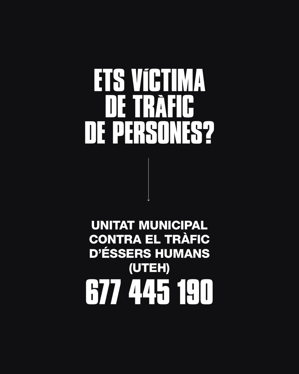 bcn_ajuntament's tweet photo. El 70% de les víctimes de tràfic de persones són dones i nenes.
Una realitat sovint invisibilitzada a la qual la Unitat Municipal contra el Tràfic d'Éssers Humans (#UTEH) fa front amb un equip especialitzat:
📞 677 445 190 https://t.co/wv33jFq7aX