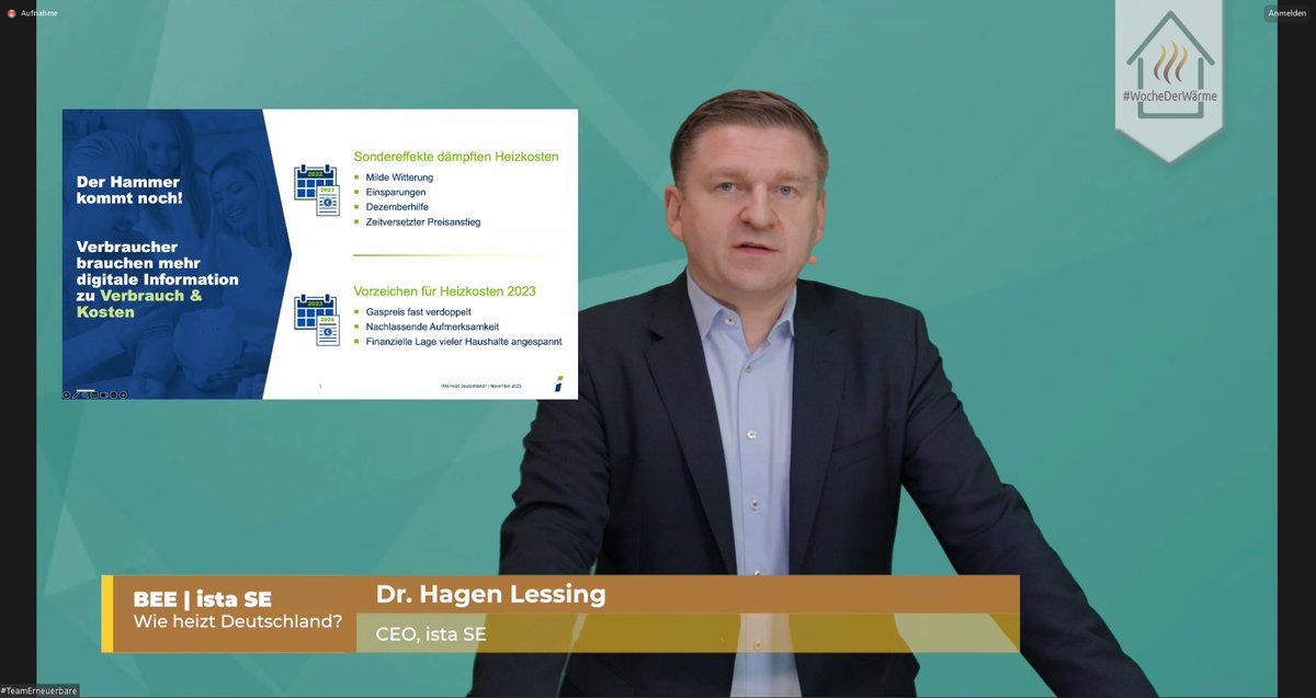 Wie war der Heizverbrauch im milden Winter 2022 und müssen sich die Verbraucher*innen im kommenden Winter auf höhere Kosten einstellen? Dr. Hagen Lessing von <a href="/ista_aktuell/">ista SE</a> zeigt bei der #WochederWärme Entwicklungen, Prognosen und Lösungsmöglichkeiten.