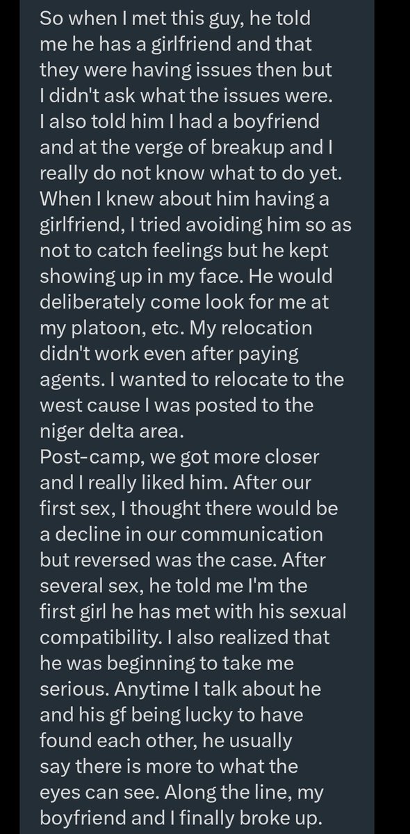 jon_d_doe's tweet image. Indeed, you've no learnt as much.

First mistake you made was to let him know that you left your bf for him.

Infact, you were cheating on your bf with him.

Most men will never take you seriously for that.

You're his NYSC gf.

If you doubt me, wait until you finish NYSC.

End.