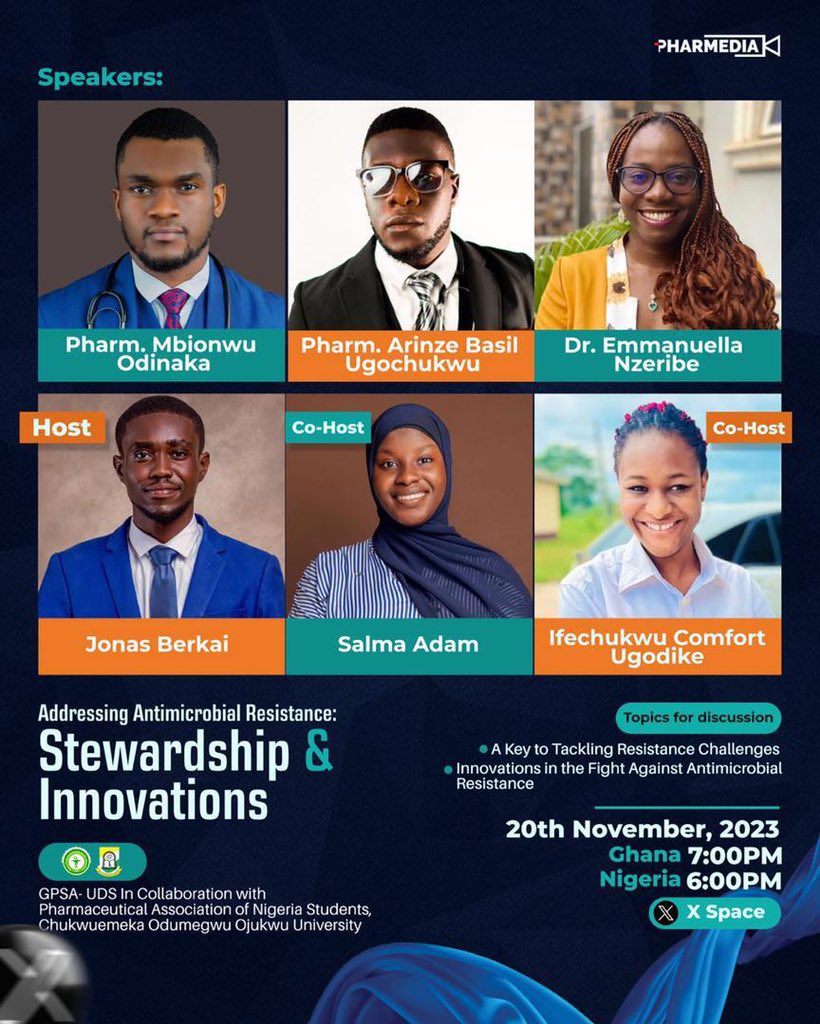 GPSA- UDS In Collaboration with Pharmaceutical Association of Nigeria Students,  Chukwuemeka Odumegwu Ojukwu University🇬🇭🇳🇬

Join the X Space conversation on Antimicrobial Stewardship and Innovations– Unlocking solutions to combat resistance! 🌐 🇬🇭🇳🇬