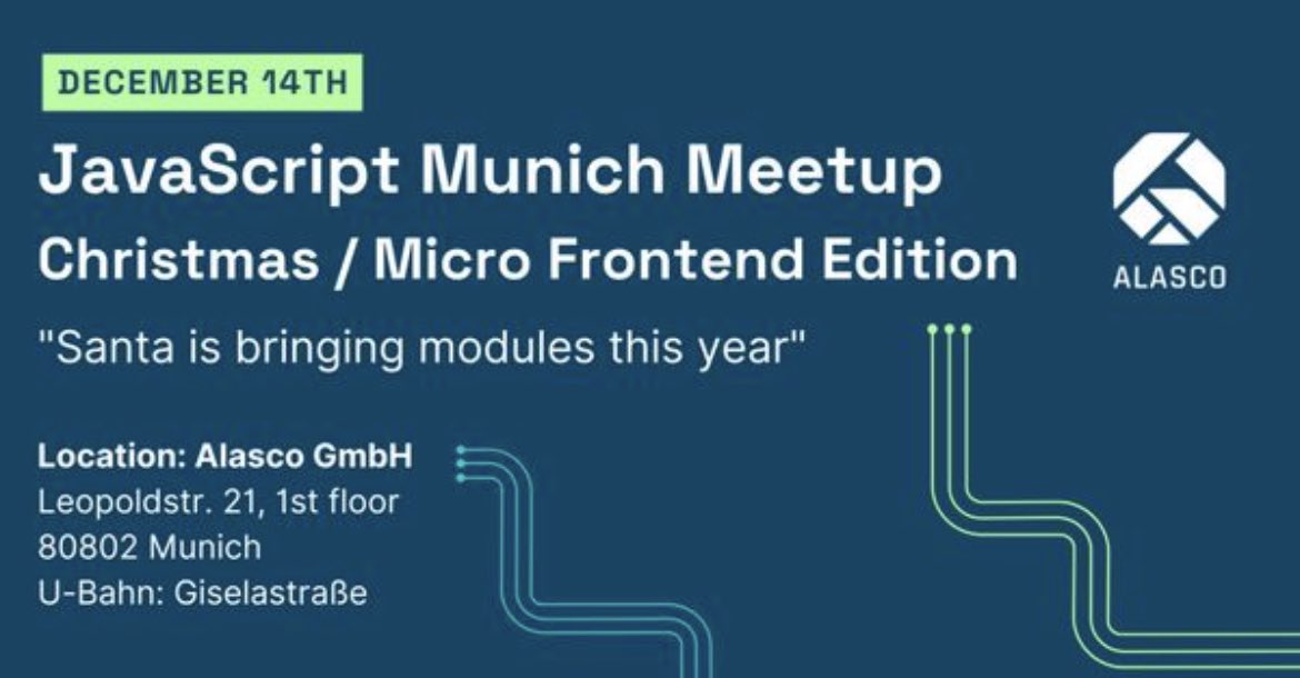 tech_alasco's tweet image. Have you already registered to our #meetup with @FlorianRappl and @munichjs on December 14th?
Join us at MunichJS December Meetup - Christmas / Micro Frontends Special meetu.ps/e/MFVw5/hxD5j/a