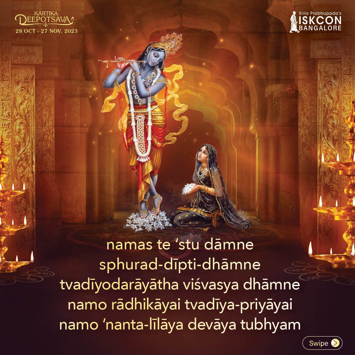 ISKCONBangalore's tweet photo. Today let's sing and learn the meaning of the concluding verse of Damodarashtakam which glorifies the Supreme Lord who performs super-excellent pastimes and his dear most beloved Srimati Radharani.
#lightyourlifewithdevotion #kartikadeepotsava #deepotsava #deepotsavam #deepotsav2023 #damodar #damodarkund #ISKCONBangalore #krishna #srikrishna #lordkrishna #radhakrishna #harekrishna #iskcon #iskcontemple #krishnaconsciousness #yoga #bhaktiyoga #meditation #chanting #spiritual #govardhan #Giriraj #vrindavan