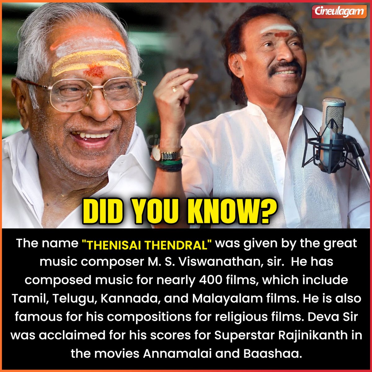 cineulagam's tweet photo. "தேனிசை தென்றல் தேவா" 🎶  

#HBDDeva #HappyBirthdayDeva #Deva #MSV #MSViswanathan #MellisaiMannar #Devasir #Thenisaithendral #ThenisaiThendralDeva #Cineulagam #DidYouKnow https://t.co/Ap0MsQWFFf