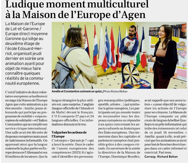 EuropeLotetGaro's tweet image. Merci au journal Le Petit Bleu d'Agen pour son article sur notre soirée de jeudi dernier intitulée "Moment Multiculturel" ! 🗞️📰 @UEFrance #EuropeDirect #multiculturel #découverte #europe