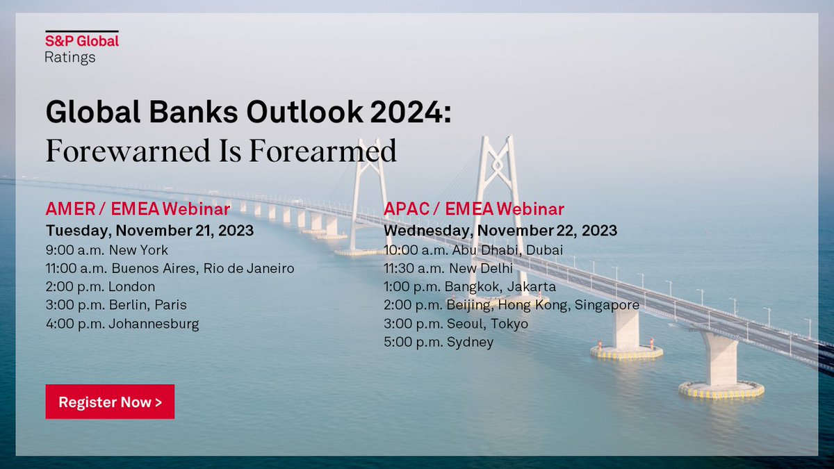 Please join our global financial institutions analysts for live webinars on Tue, Nov. 21 (AMER / EMEA) and Wed, Nov. 22 (APAC / EMEA). They will discuss key themes and trends and take audience questions on our global banks outlook for 2024. Register now: ow.ly/XEva50Q9kqh