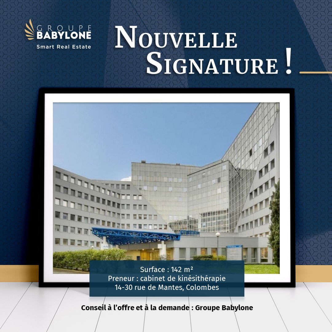 Un cabinet de kinésithérapie vient de prendre à bail une surface de bureaux de 142 m² au 14-30 rue de Mantes, à Colombes (92).

Cette transaction a été réalisée par le département Île-de-France Ouest de Groupe Babylone, conseil des deux parties.