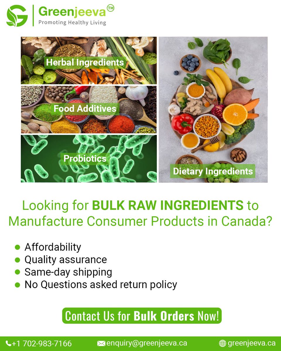 Elevate your products with our premium high-quality bulk ingredients!  We're your go-to source for top-notch raw materials in #Canada.  Explore a diverse selection sourced from trusted suppliers, all meeting  stringent quality standards.

greenjeeva.ca

#bulkingredients