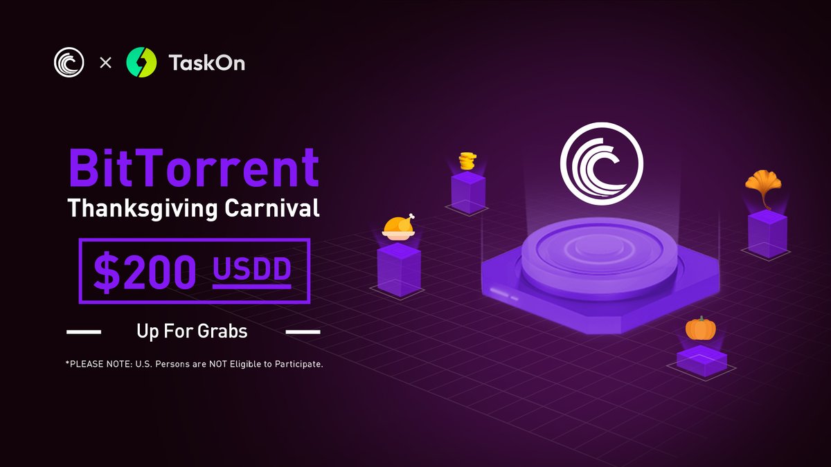 🥳#TRON Ecosystem Thanksgiving Carnival with #BitTorrent! Thanksgiving is about gratitude, and we’re showing ours in a big way! During this Thanksgiving, we are working with @taskonxyz to give 200 $USDD to our fans! Join here: rewards.taskon.xyz/campaign/detai… #TRONThanksCarnival