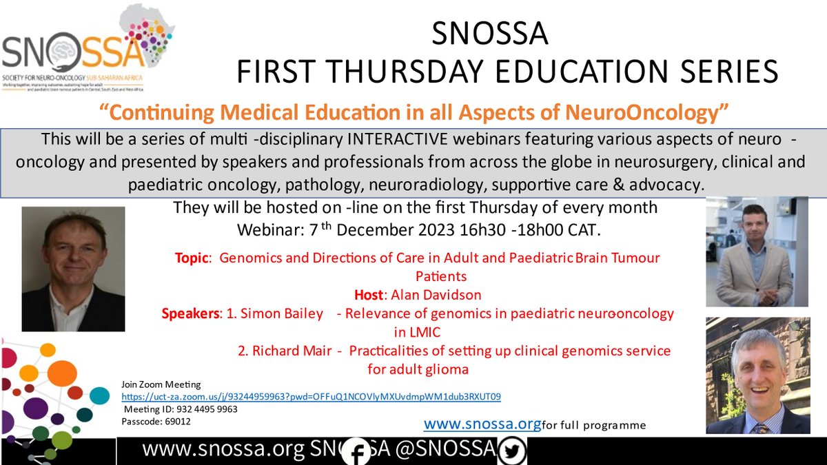 SIOP Global Health (@siop_ghn) on Twitter photo Last <a href="/SNOSSA1/">Society for Neuro-Oncology Sub-Saharan Africa</a> meeting of the year, folks! Genomics and directions of care in adult and paediatric brain tumours on 7 December 2023.
uct-za.zoom.us/j/93244959963?…
Meeting ID: 932 4495 9963
Passcode: 69012 Last <a href="/SNOSSA1/">Society for Neuro-Oncology Sub-Saharan Africa</a> meeting of the year, folks! Genomics and directions of care in adult and paediatric brain tumours on 7 December 2023.
uct-za.zoom.us/j/93244959963?…
Meeting ID: 932 4495 9963
Passcode: 69012