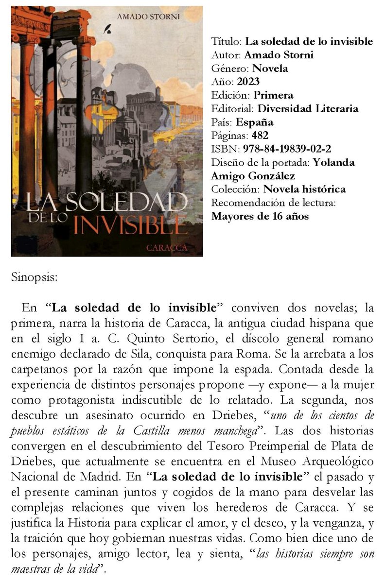 "La Soledad de lo Invisible", la novela histórica de <a href="/AmadoStorni/">Amado STORNI</a> que habla de #Caracca, de #Driebes, de nosotros. diversidadliteraria.com/amado-storni--… <a href="/amigosahpgu/">AmigosAHPGuadalajara</a> <a href="/GuadalajaraAyto/">Ayuntamiento de Guadalajara</a> <a href="/ppguadalajara/">PP de Guadalajara</a> <a href="/TerraeAntiqvae/">Terrae Antiqvae</a> <a href="/GuDiario/">GuadalajaraDiario</a> <a href="/elimparcialcom/">EL IMPARCIAL</a> <a href="/ElDecanodeGuad1/">El Decano de Guadalajara</a> <a href="/Guadared_info/">Guadared</a>