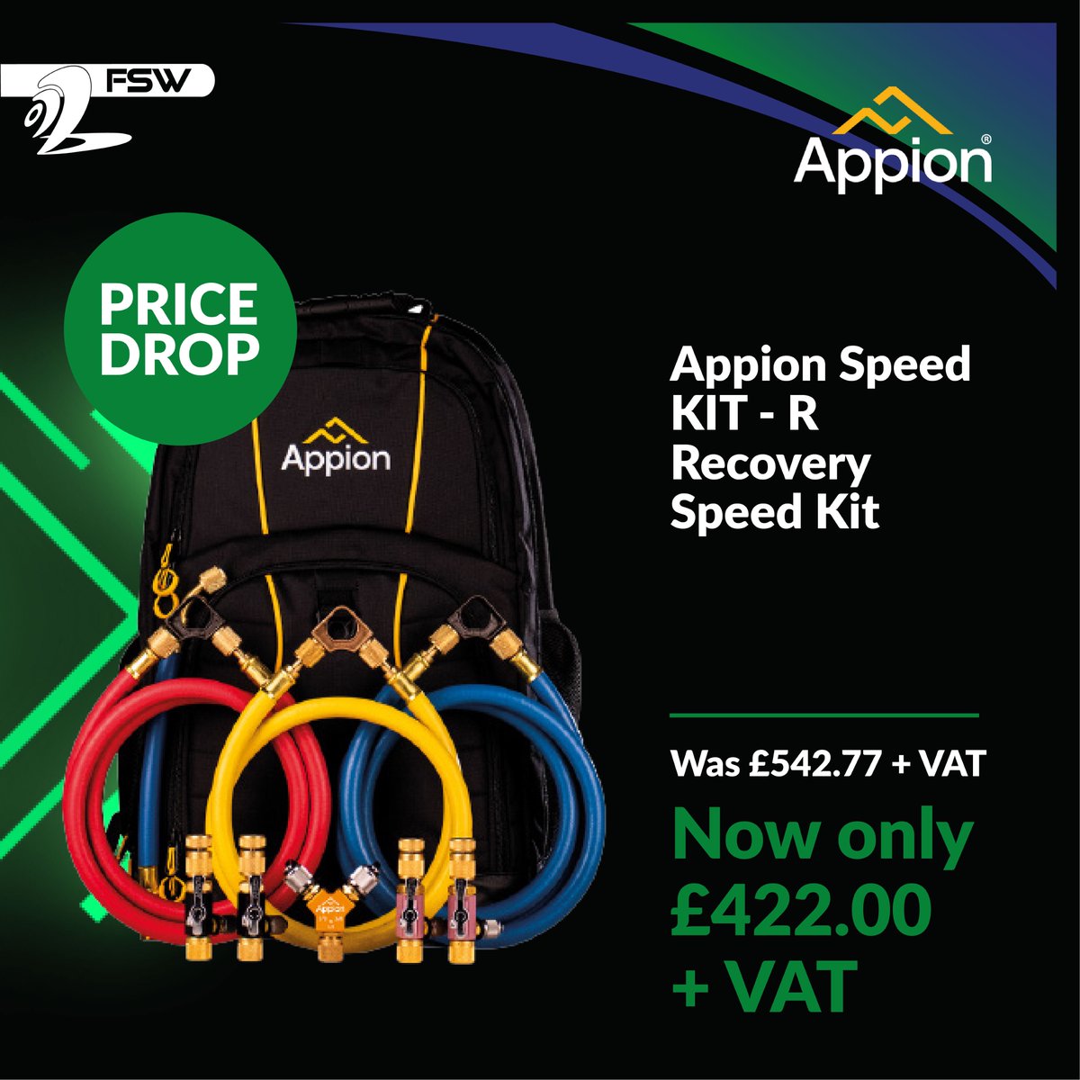 fswuk's tweet photo. BLACK FRIDAY price drop offers at FSW UK! 

Purchase the Appion Tools Speed KIT-R recovery speed kit (https://t.co/6pwX8oxxna).

>>> NOW ONLY £422.00 +vat
sales@fsw.uk.com | 01543 437 010

#AppionTools #HVACRoffers #BlackFriday https://t.co/GOlQxSuRIY