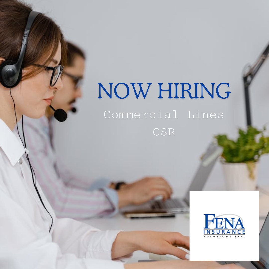 InsuranceWorksC's tweet image. FENA Insurance Solutions Inc. is now hiring!📢

If you have Commercial Lines experience and are RIBO Licensed, then apply now to become a CSR!

Create an account/ Log in to Insuranceworks.ca and submit your resume. 📄