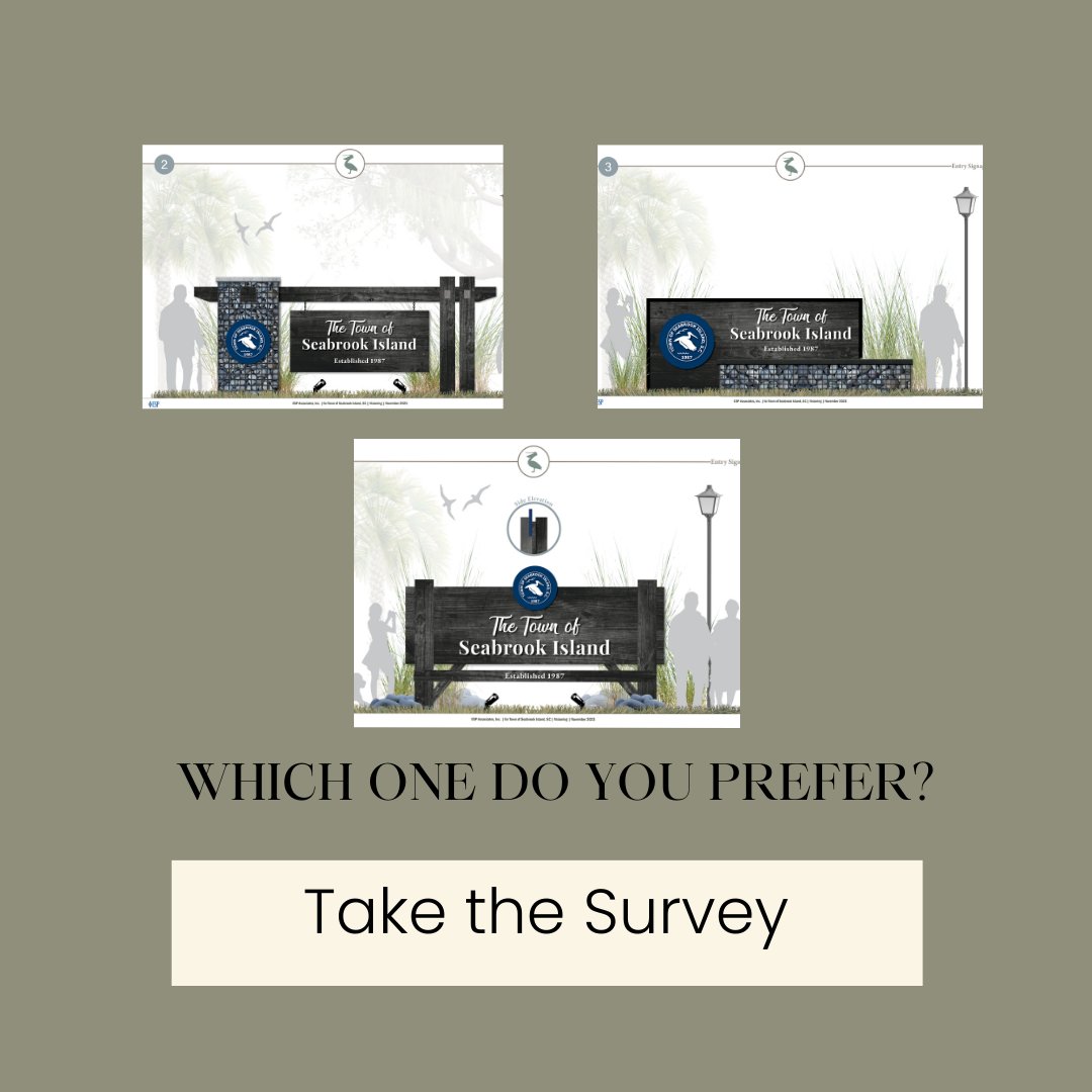 SeabrookIslnd87's tweet photo. The town is seeking public feedback on three proposed alternatives and feedback on two font alternatives. Use the survey link below to preview the designs. Please provide feedback on your preferred design and font alternatives. 

https://t.co/JznN3B4zLW https://t.co/b38SdTbHOv