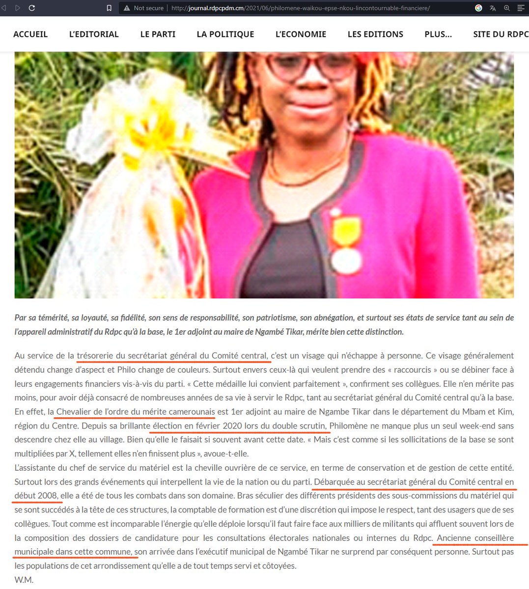 MoohTeiDjouaka's tweet photo. Selon @katika_237, un organisme indépdt de tracking des marchés publics, Philomene Waikou ep Nkou, 1er adjoint au maire de Ngambe Tikar aurait obtenu pour Fcfa 190 millions de marchés dans sa commune 2puis 2017. Employée au SG/CC/RDPC, elle a été élevée chevalier du mérite CMR https://t.co/JbBTNe2p4I