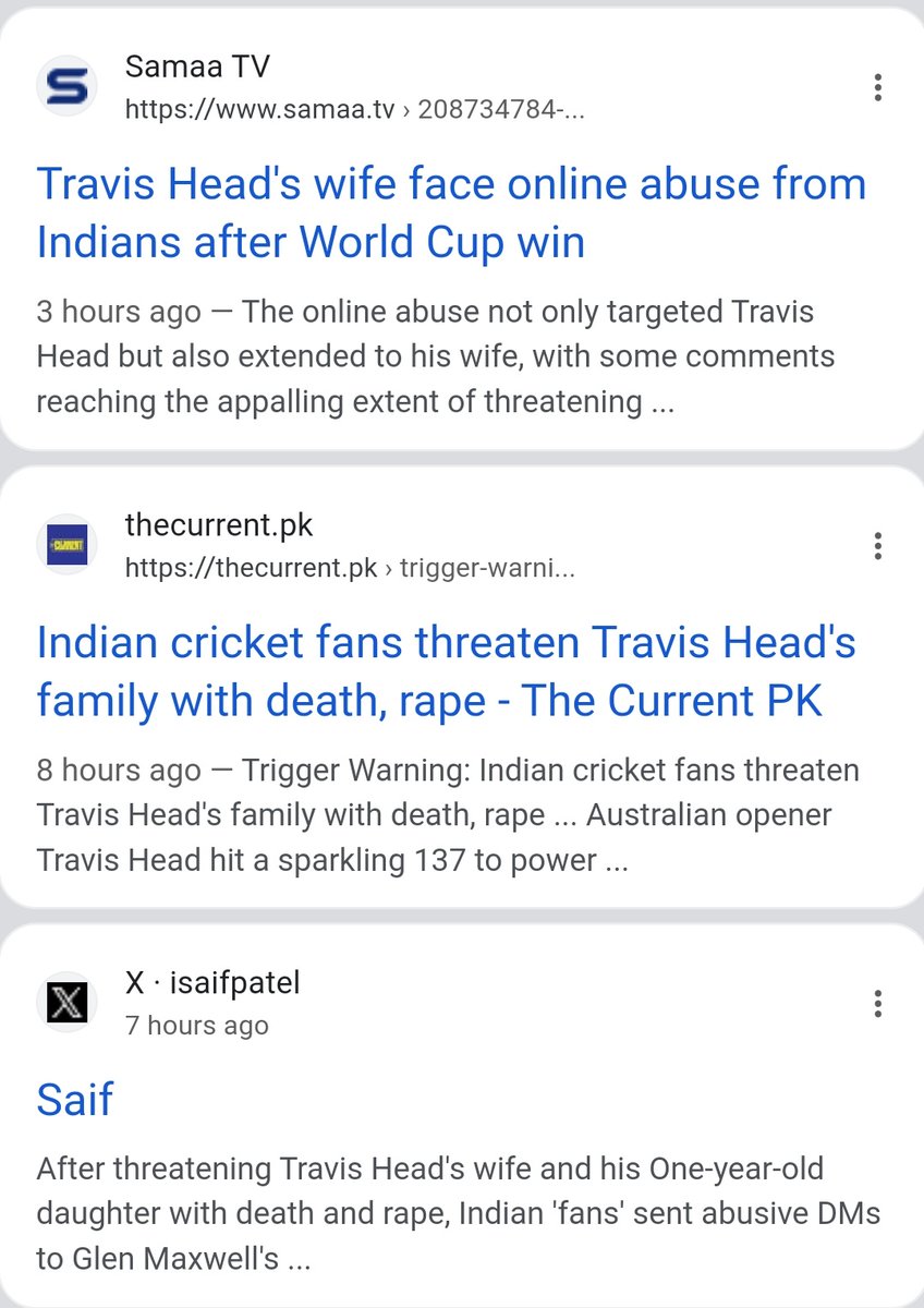 I can bet, that these online abuses & threats to #TravisHead 's family with death and r@pe threats to his wife are from Pakistan! I urge the Union minister for IT to immediately investigate the same. Our Indians will never abuse any cricketer or threaten their family ! This is