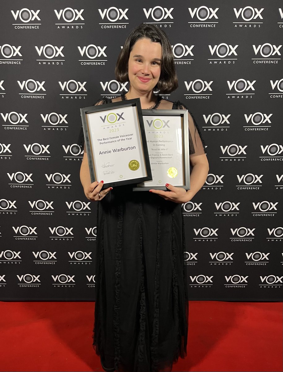 annie_warburton's tweet photo. Oh boy, this really happened.

I won Best Female Voiceover Performance of the Year @VoxEvents Awards, w/ judges voting unanimously! 🤯

and Best Human Performance in Gaming for my role as Zoe in @Digixart's Road 96: Mile 0. 🎮

HUGE thanks to all involved...I'm floored! 🙏 https://t.co/8818l11qW5
